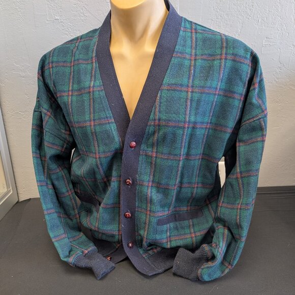 Vintage Pendleton Cardigan Sweater Plaid Virgin Wool Large - Picture 1 of 9